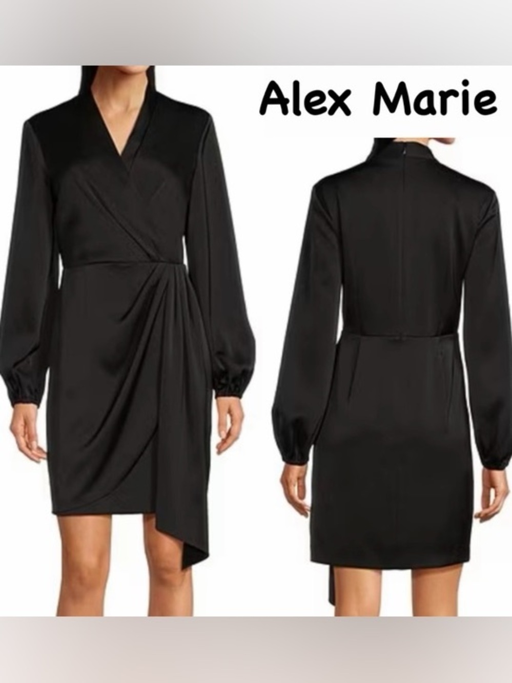 Alex Marie Black Satin Wrap-Style Long Sleeve Dress Size 12